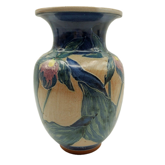 Handcrafted Lady Slipper Flower Vase Signed Ceramic Pottery Botanical Design 90s - Picture 7 of 7